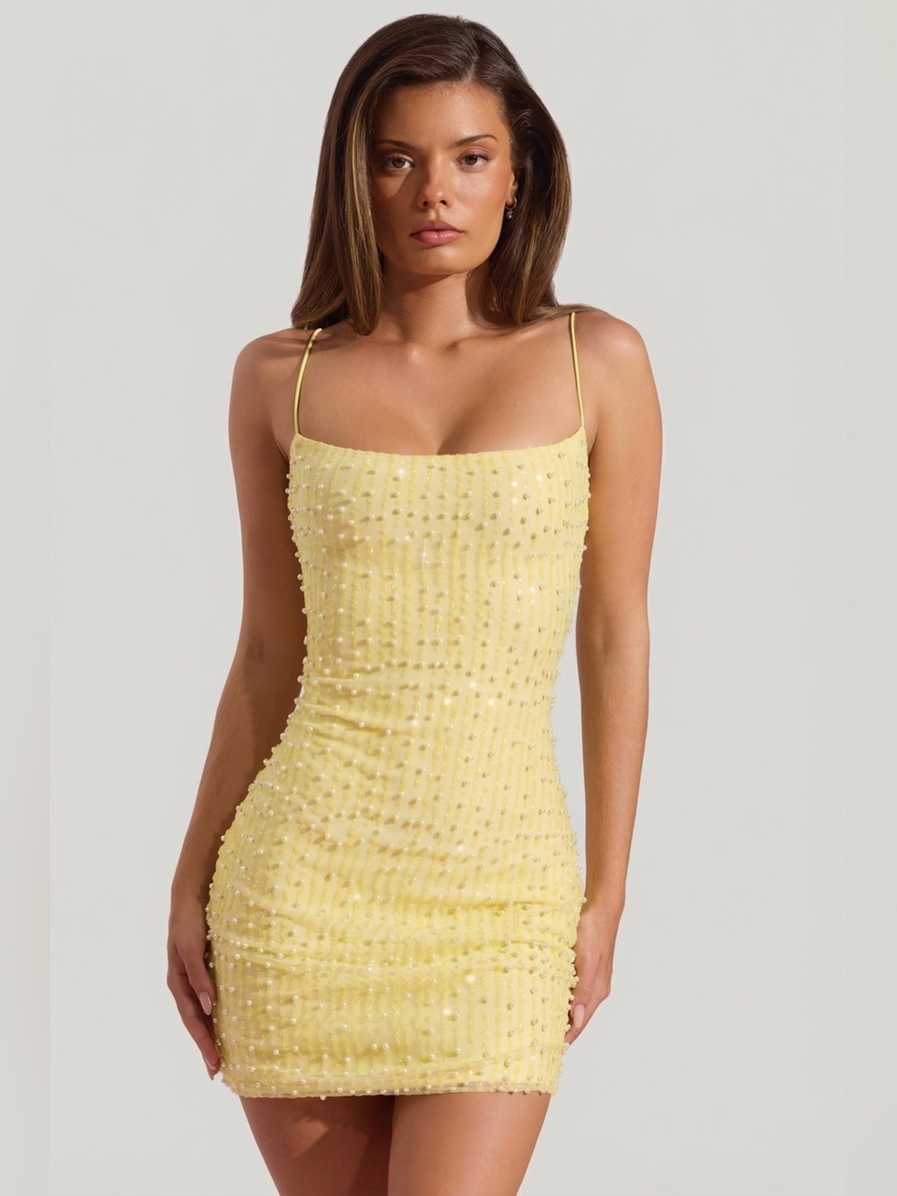 NEW Oh Polly Lunetta Yellow Embellished Beaded Glitter Bodycon Mini Dress US 0
